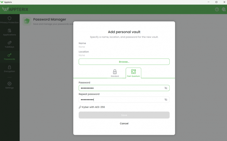 Appterix Password Manager Kyber with AES256 Vault