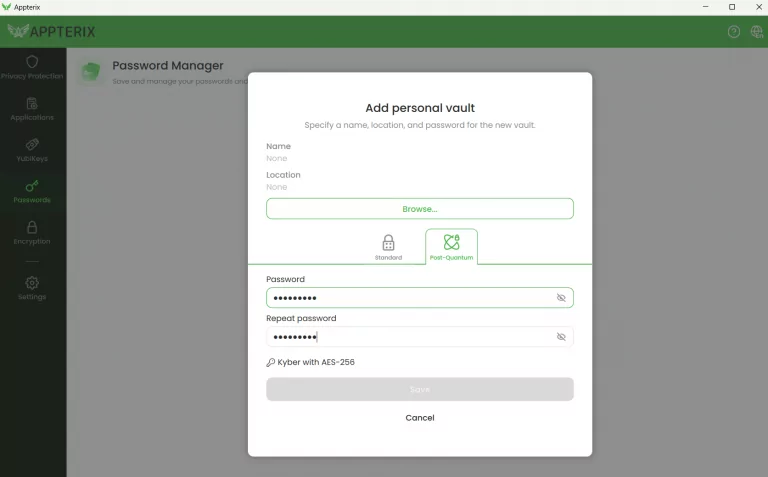 Gestor de contraseñas Appterix Kyber con bóveda AES256