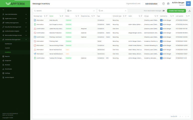Appterix Awareness Management - Message Inventory